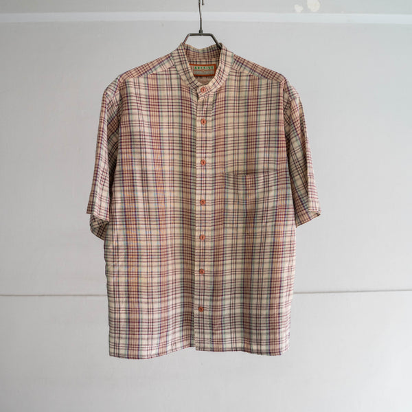 1990s multi check stand collar s/s shirt -remake-