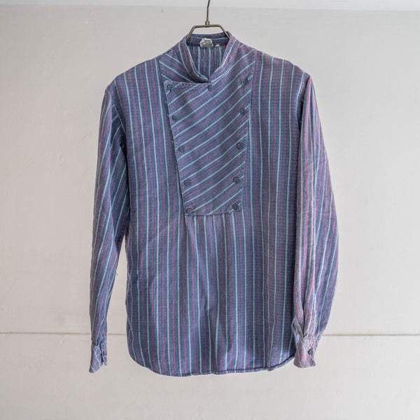 1980-90s Europe blue × red stripe shirt -strange front design-