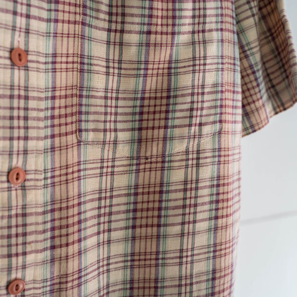 1990s multi check stand collar s/s shirt -remake-