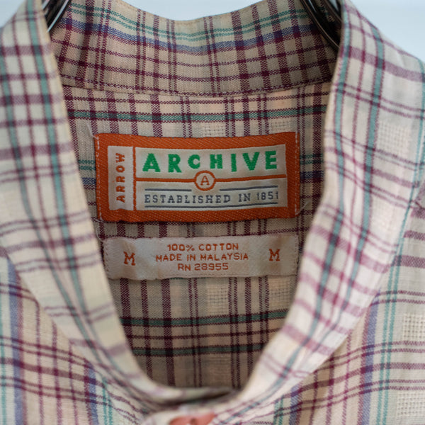1990s multi check stand collar s/s shirt -remake-