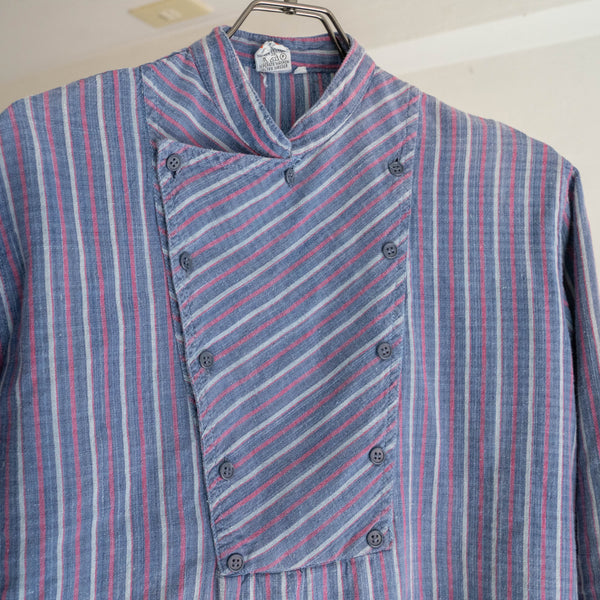 1980-90s Europe blue × red stripe shirt -strange front design-