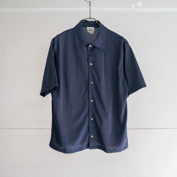 1990-00s dark navy geometric pattern s/s shirt -remake-