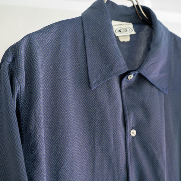 1990-00s dark navy geometric pattern s/s shirt -remake-