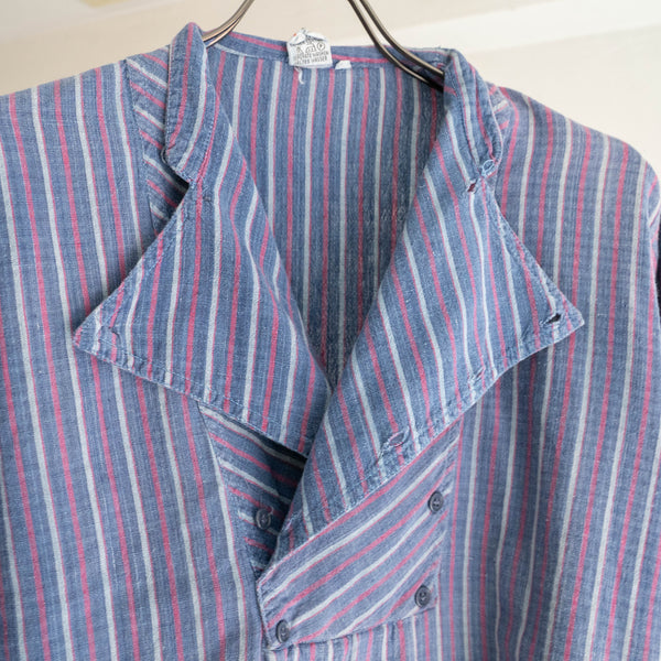 1980-90s Europe blue × red stripe shirt -strange front design-