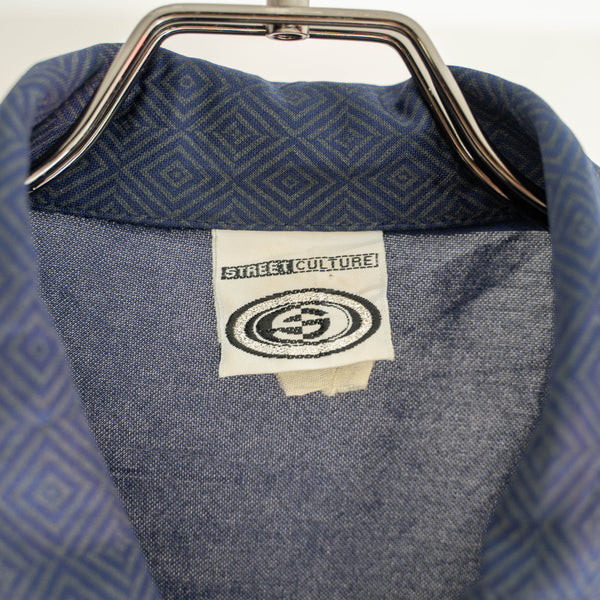 1990-00s dark navy geometric pattern s/s shirt -remake-