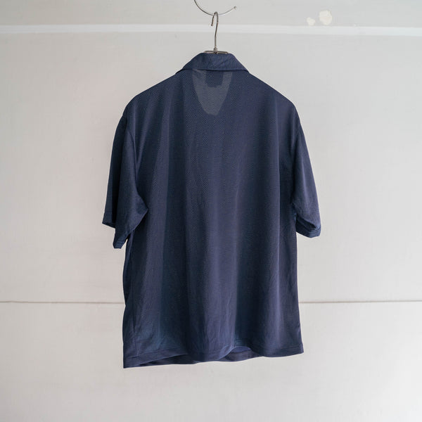 1990-00s dark navy geometric pattern s/s shirt -remake-