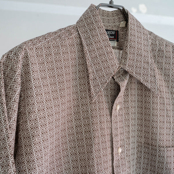 1970-80s brown based all over pattern s/s shirt -remake-