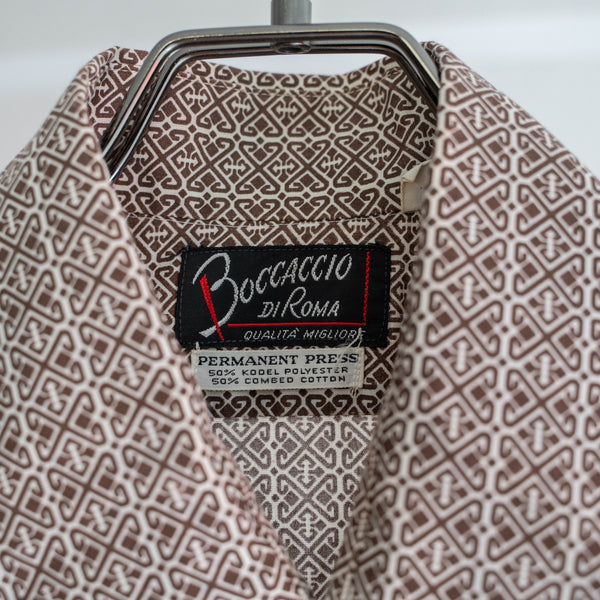 1970-80s brown based all over pattern s/s shirt -remake-