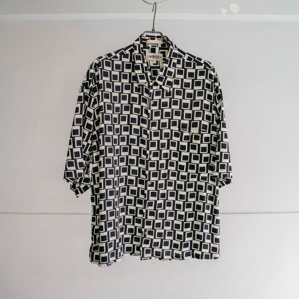 1990s black × white rayon 100 design s/s shirt -remake-