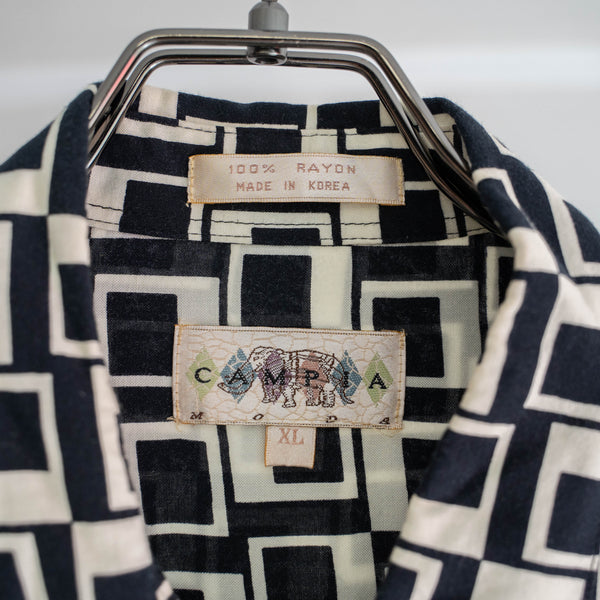 1990s black × white rayon 100 design s/s shirt -remake-