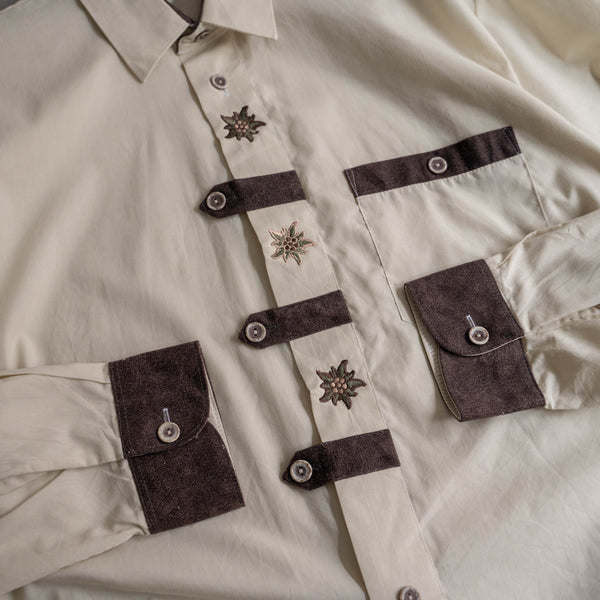 1990s Europe ivory × brown tyrolean l/s shirt