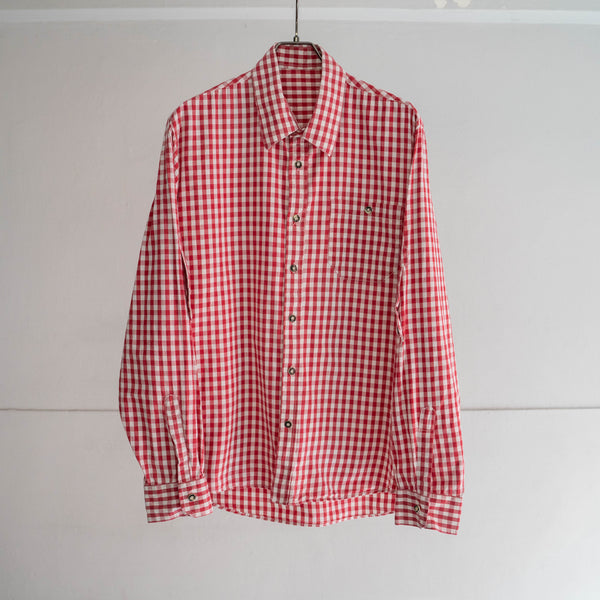 1990s Europe red × white check tyrolean l/s shirt