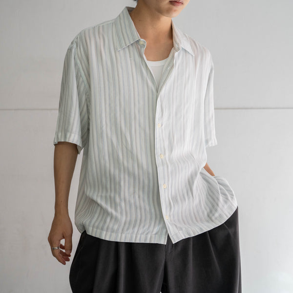 1990s white × blue striped s/s shirt -remake-