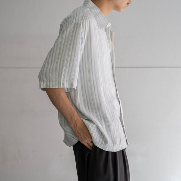 1990s white × blue striped s/s shirt -remake-