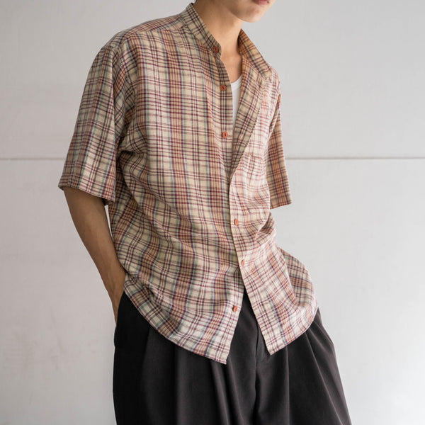 1990s multi check stand collar s/s shirt -remake-