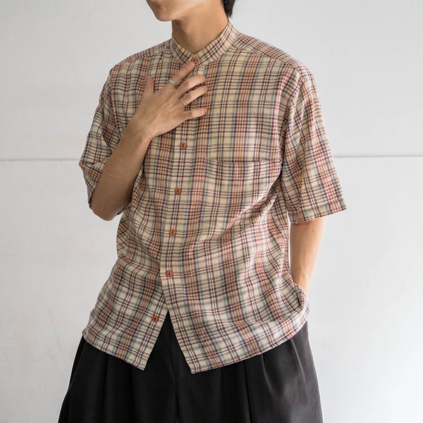 1990s multi check stand collar s/s shirt -remake-