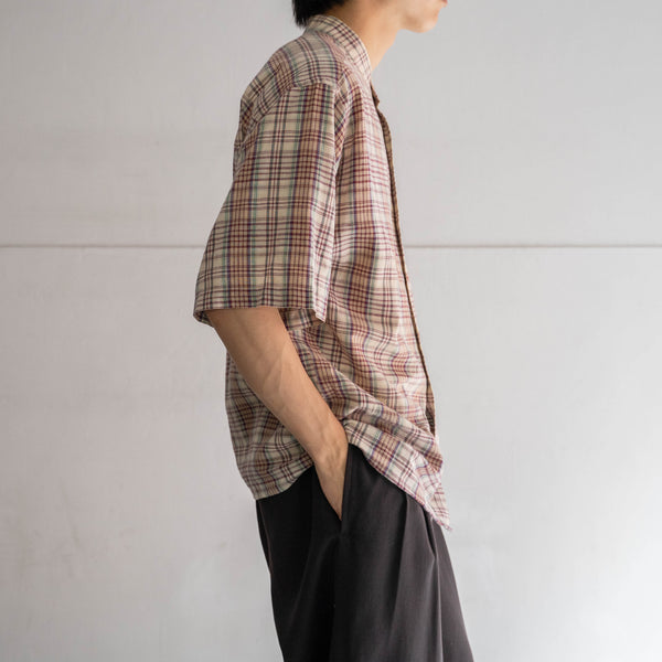 1990s multi check stand collar s/s shirt -remake-