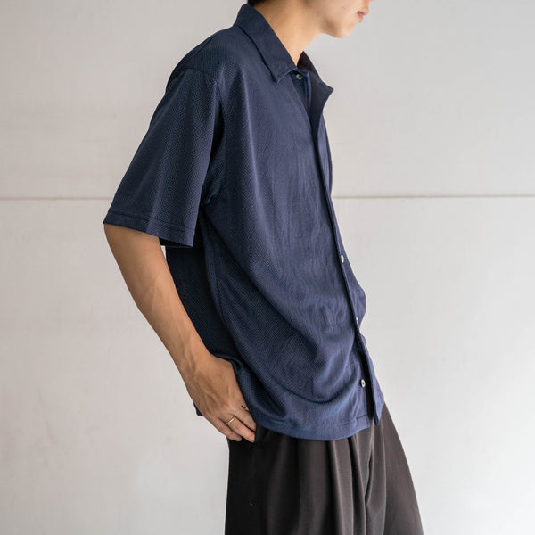 1990-00s dark navy geometric pattern s/s shirt -remake-