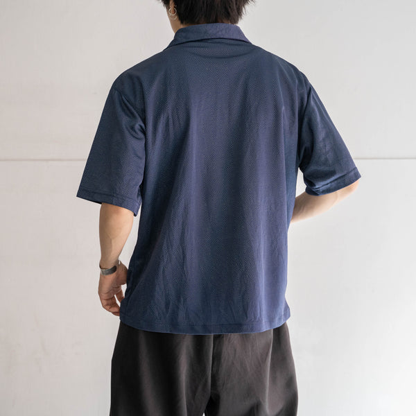 1990-00s dark navy geometric pattern s/s shirt -remake-