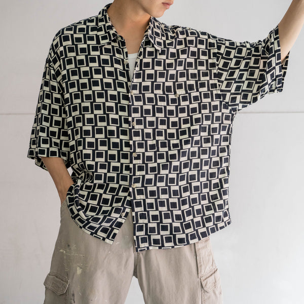 1990s black × white rayon 100 design s/s shirt -remake-