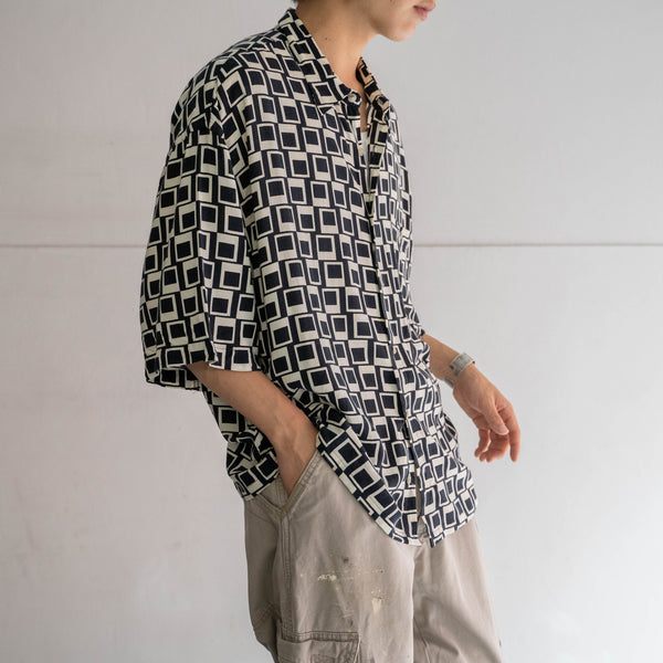 1990s black × white rayon 100 design s/s shirt -remake-
