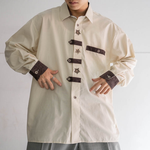 1990s Europe ivory × brown tyrolean l/s shirt