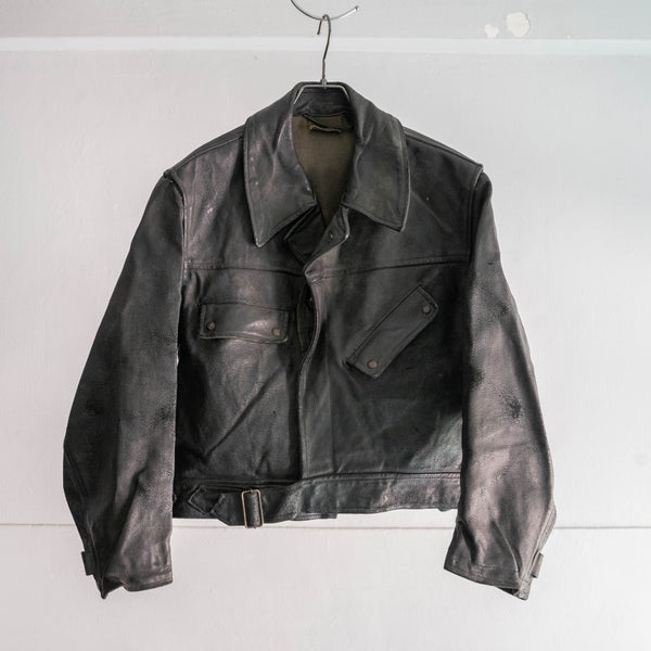 1950-60s Europe? military unusual design black leather mortorcycle jacket