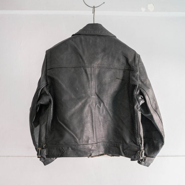 1950-60s Europe? military unusual design black leather mortorcycle jacket