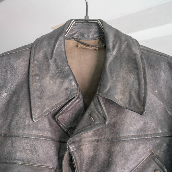 1950-60s Europe? military unusual design black leather mortorcycle jacket