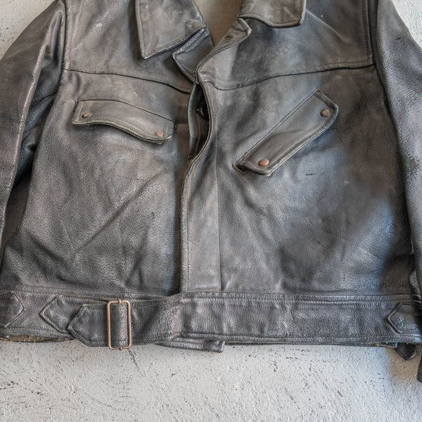 1950-60s Europe? military unusual design black leather mortorcycle jacket