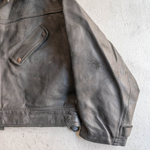 1950-60s Europe? military unusual design black leather mortorcycle jacket