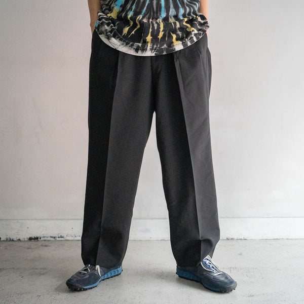 1990s Japan vintage black poly × wool 2 tuck wide slacks