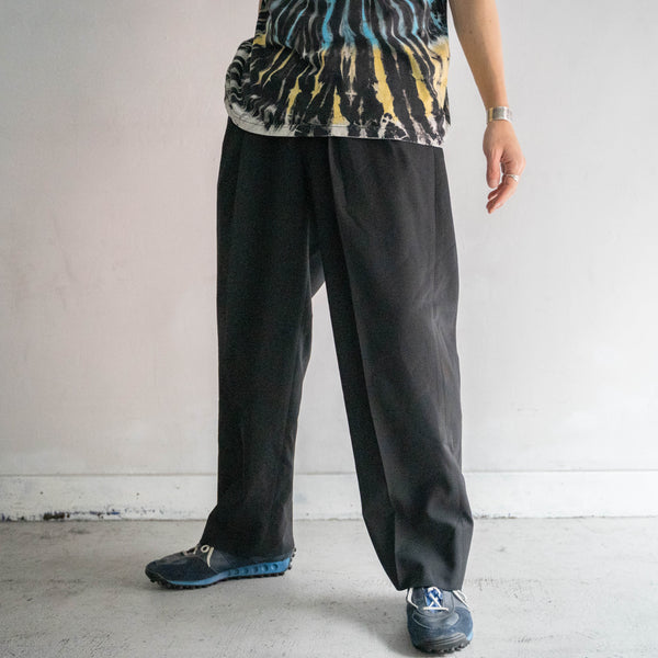 1990s Japan vintage black poly × wool 2 tuck wide slacks