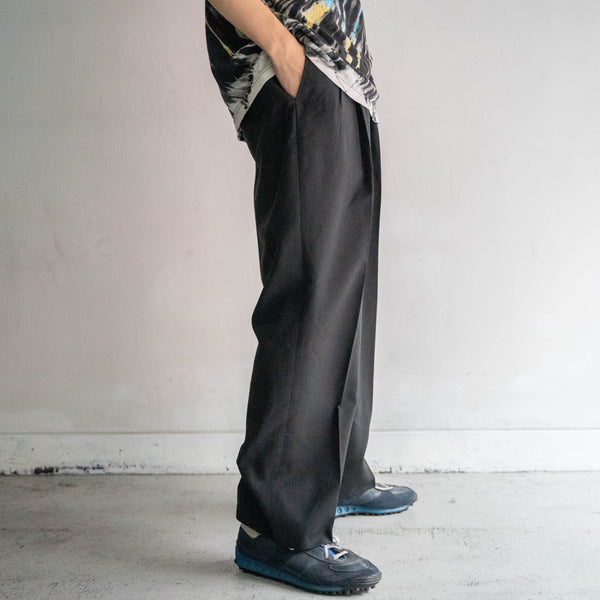 1990s Japan vintage black poly × wool 2 tuck wide slacks
