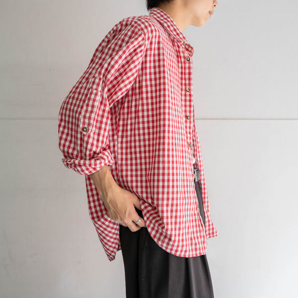 1990s Europe red × white check tyrolean l/s shirt