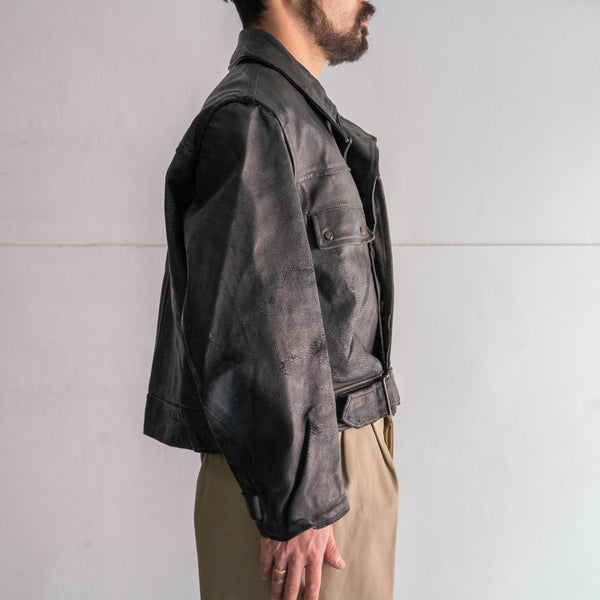 1950-60s Europe? military unusual design black leather mortorcycle jacket