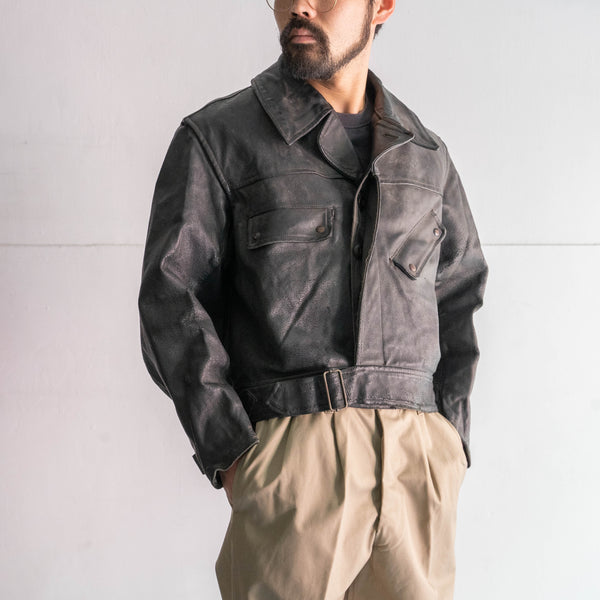 1950-60s Europe? military unusual design black leather mortorcycle jacket