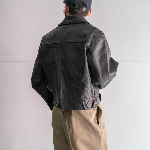 1950-60s Europe? military unusual design black leather mortorcycle jacket