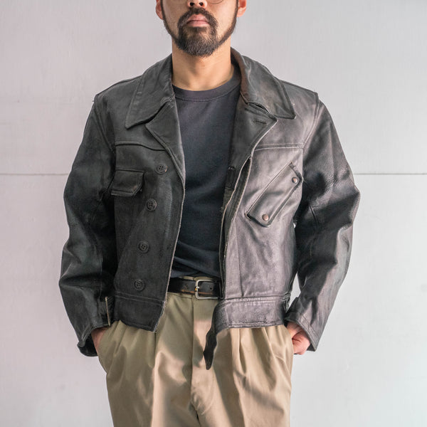 1950-60s Europe? military unusual design black leather mortorcycle jacket