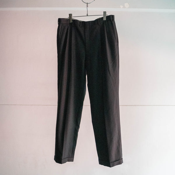 2000s Japan vintage black wool 100 2 tuck slacks -herringbone fabric-